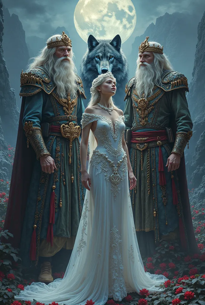 A picture of a pretty Luna woman standing in between two bold twin kings and a wolf in the background 