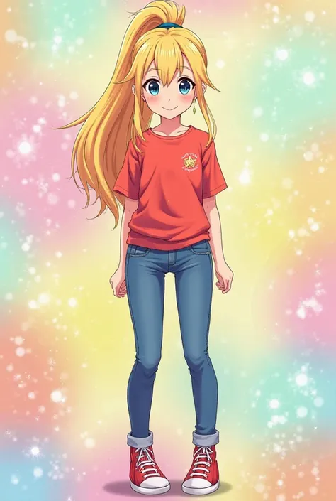  Blonde with a ponytail cute kawaii anime in a red shirt jeans red sneakers and rainbow background