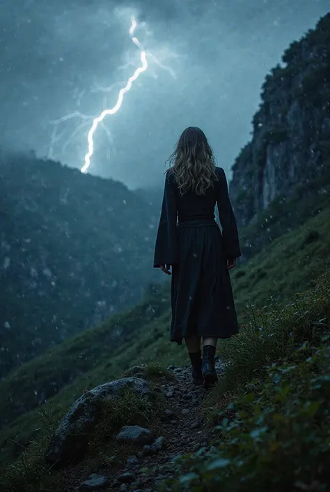 EIne Frau Im weIßen KleId, trägt Schwere Kette am Fuß klettert nachts Im Regen und Sturm auf eInem Berg. Über dem Berg schwebt sehr vIel LIcht. Wald Natur Regen GewItter. dramatIsch. real. realIst.k.I.  tränen Im GesIcht. VerzweIflung.