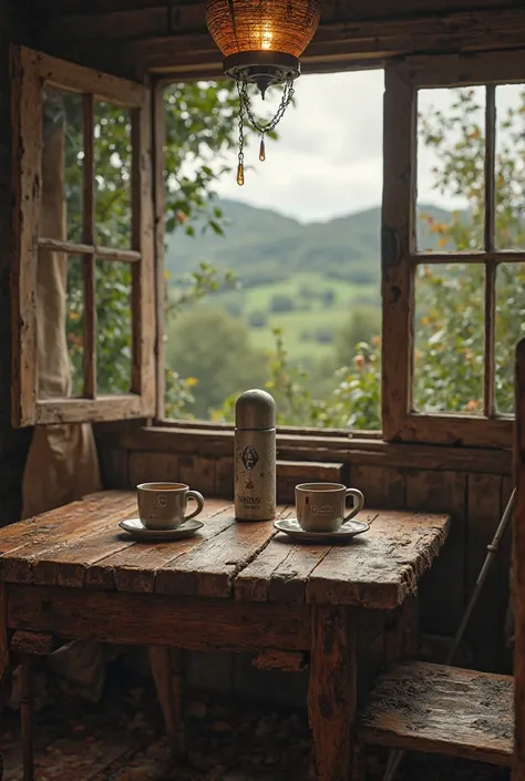 A country house setting with a cloudy dawn and a table ready for coffee, with Renault thermos and cup in the spotlight.