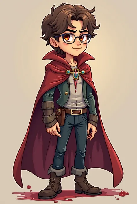 Make an RPG character, em cartoon,  medium muscular body ,wizar-like character, a character with brown hair, With Red Eyes, with a cross on his chest, he wears round glasses, He's wearing a cape and his hand is dripping blood