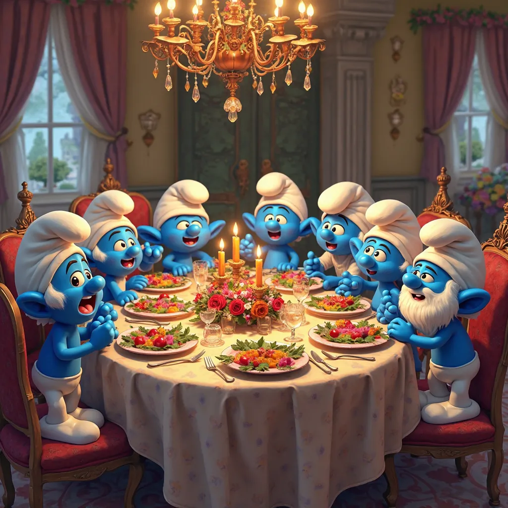 Gere Smurfs hosted a dinner for guests in a dining room with lots of decorations on the table