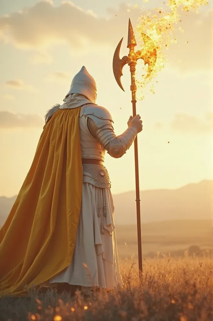 Knight with white armor and a gold cape, a Halberd spear shimmering in flames of light