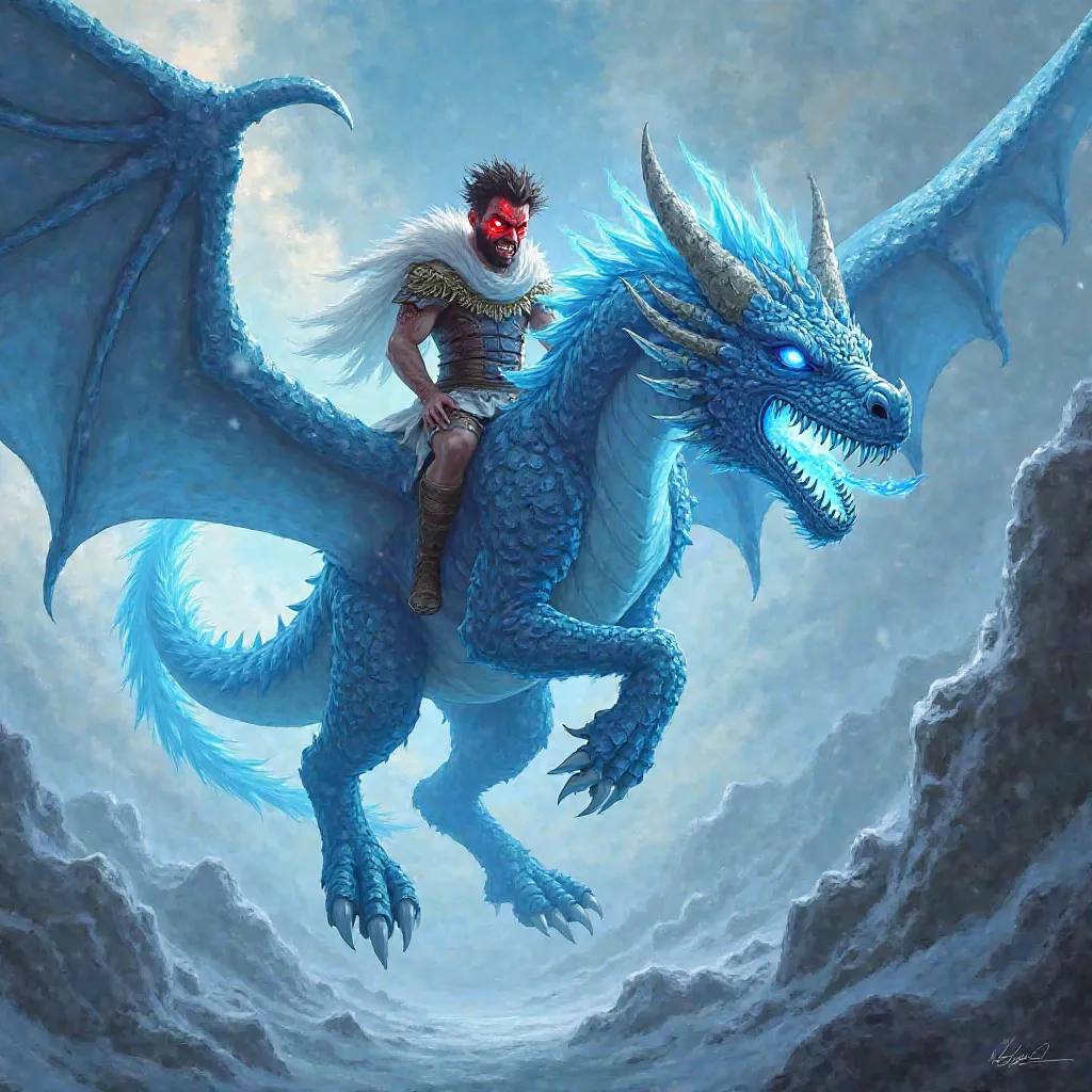 A flying ice dragon, The blue fire spews, A man with a red devil's head sits on his back, the man has a Roman uniform  