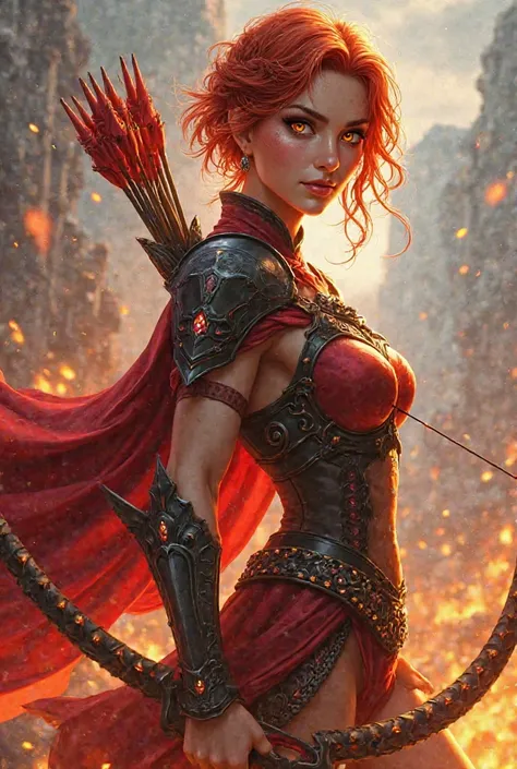 "Create an image of a powerful and fierce female warrior, Athena Era, the Fire General. She has short, fiery red hair, intricately braided on the side, with golden highlights that resemble dancing flames. Her eyes are a glowing red-orange, radiating with i...