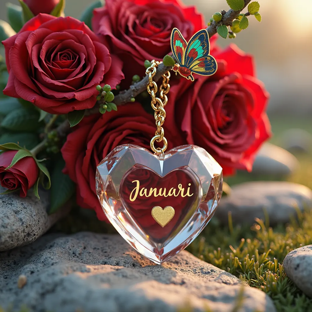 A Photo 3D render of a crystal ref heart-shaped keychain hanging beside a bouquet of vibrant red roses with green leaves on a branch. Next to the bouquet is a small multicolor 3D butterfly. The background is a natural setting with rocks and grass. The keyc...