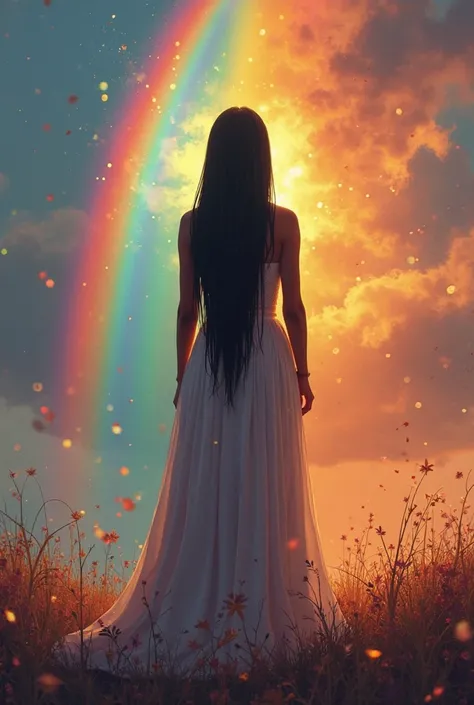 Create me an image in which a rainbow appears in the background and then a woman appears that this woman must be of dark skin ,  long straight black hair  , And tall and wearing a long dress, in addition, ren between 1 and  must appear around them. This im...