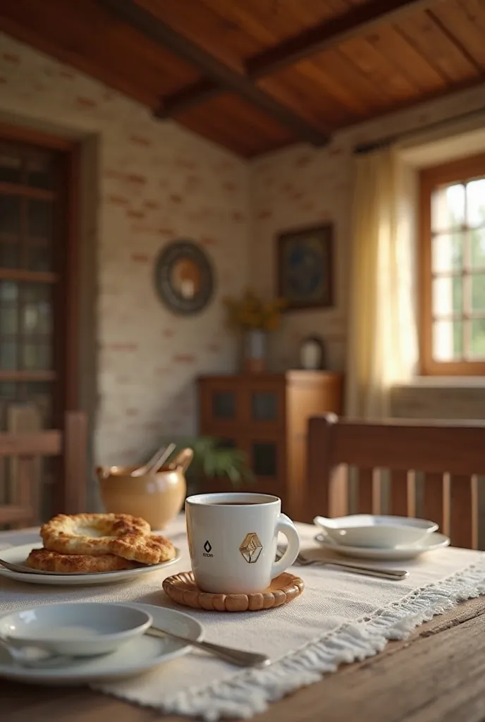 Breakfast table with cup with Renault logo in a farmhouse.