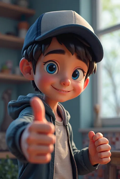 Disney inspired 3D poster/pixer capturing a scene with a 15-year-old boy with smooth black hair,  with blue eyes, remember to put a cap on it, And take several photos and have a picture of him giving a thumbs up