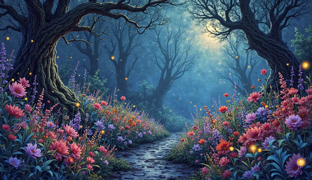  an illustration of an enchanted garden with colorful flowers following fibonacci sequence by James Gurney, intricate mycelium threads connecting plants in sacred geometry patterns, diverse spectrum of flowers from violet to deep crimson, soft twilight ill...