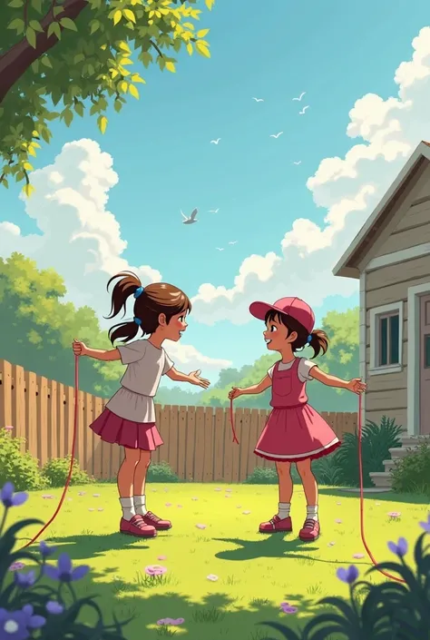 ** SCENE 1 :**  
*(In the garden of a house, Two friends, Lila, a girl with a ponytail, y Sofia, a girl wearing a cap, they are playing jump rope.)*

**Lila:**  
—¡Sofia, we're going to do a jumping competition! ! Whoever jumps the highest wins!

**Sofia:*...