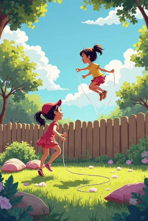 ** SCENE 1 :**  
*(In the garden of a house, Two friends, Lila, a girl with a ponytail, y Sofia, a girl wearing a cap, they are playing jump rope.)*

**Lila:**  
—¡Sofia, we're going to do a jumping competition! ! Whoever jumps the highest wins!

**Sofia:*...