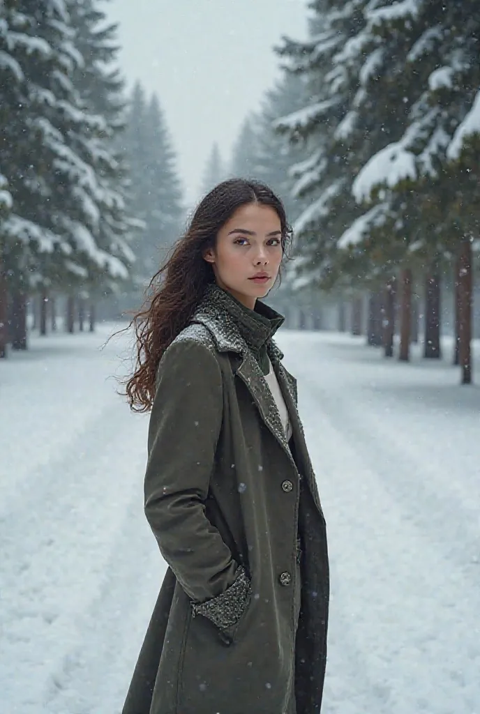 Beautiful woman walking in the snow wearing a jacket with a neckline. +18