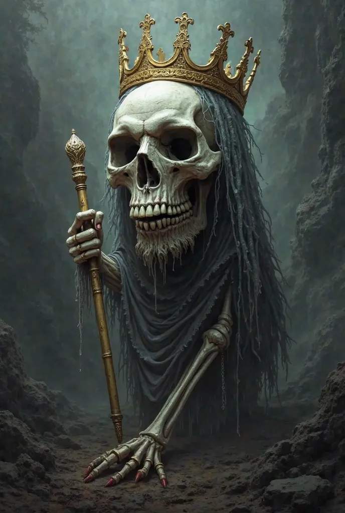 White skull with golden crown, flying over a dark landscape. The skull wears rags has no body, it rocks from side to side it carries a scepter in its hands