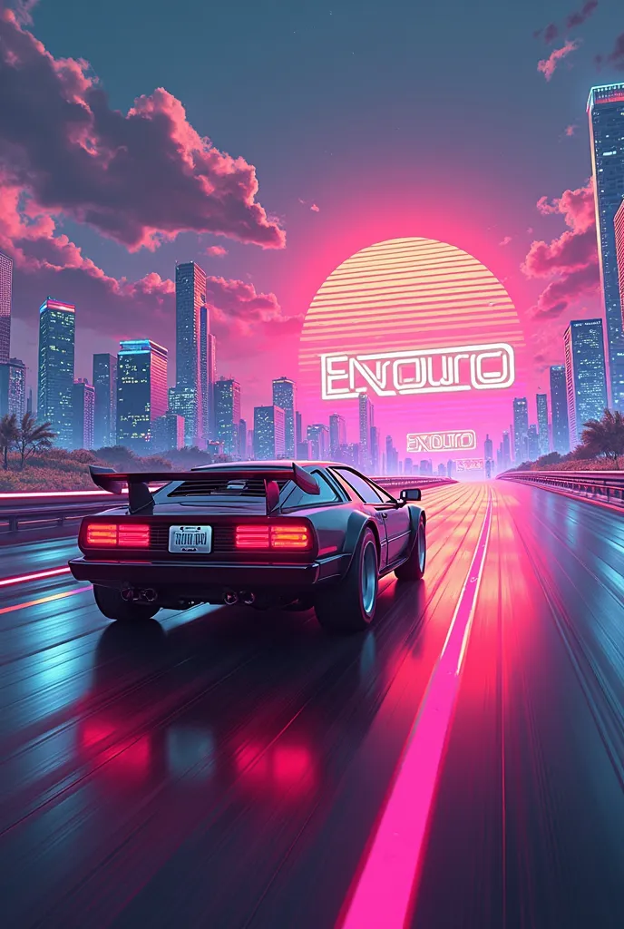 "An endless road lit up by vibrant neon lights, with a retro car from the 80s speeding along at high speed. The setting is reminiscent of the game Enduro, with a nostalgic atmosphere of a purple and orange sunset, clouds in shades of pink and electric blue...