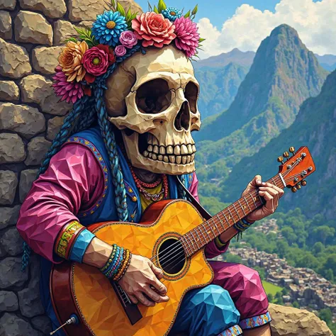 Skull of an Inca playing guitar in Machu Picchu), (happy), Eduardo Kobra filled, MULTIDIMENSIONAL GEOMETRIC WALL PORTRAIT, until,  chibi, Yang08k, beautiful,  colored, masterpieces, superior quality, Mejor calidad, until oficial, beautiful y estético,