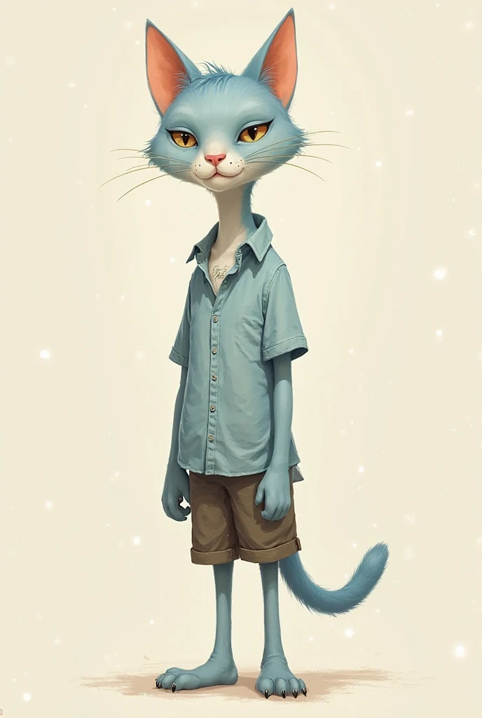 A tall and weak anthropomorphist cat, with light blue fur, wearing a shirt and shorts