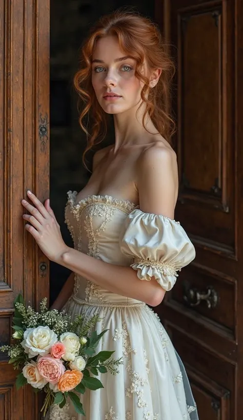 Photographie, images hyperréaliste, le corps entier d'une jeune femme trop sexy, beaux cheveux roux, yeux bleus, reste debout près de la porte marron classique , vêtue d'une robe Aristochat anglais, dans sa main droite un bouquet de fleurs , l'image est ca...