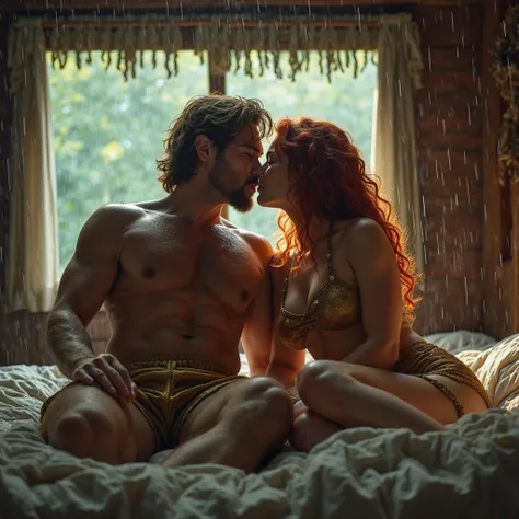 Realistic, 8K high-definition, on the bed in a cabin, the blond and furry Tarzan and his American red-haired wife, the movie character portraits, super realistic and lifelike, raising his hands to reveal armpit hair, wearing gold shorts with leg hair, Tarz...