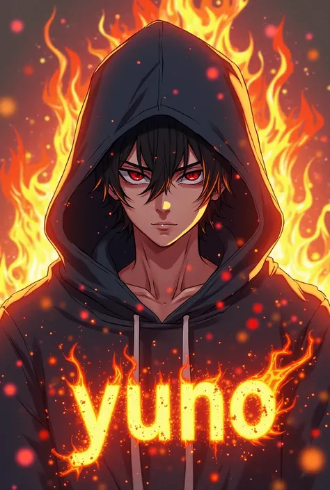 Create logo, a words YUNO PLAYS in background, fire font, fire, a man boy head with hood character anime, animation