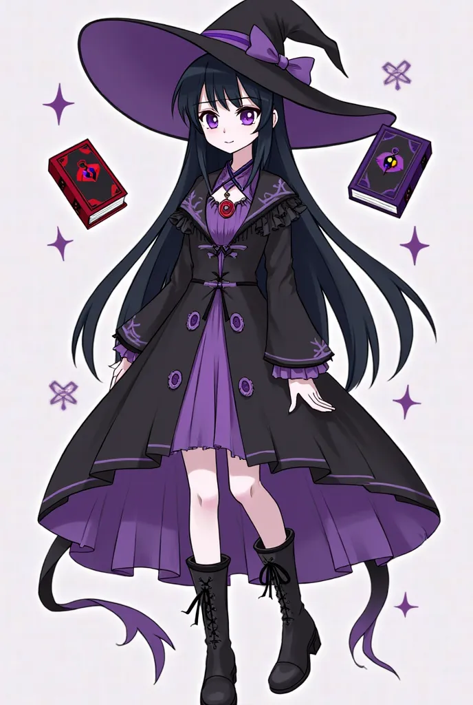 creates an image in the drawing style of the Hazbin Hotel series, of a girl named Lily ( character oc from Hazbin Hotel ) Her skin is almost shiny white, her hair is straight and long black, She has a black witch hat with purple details, her clothes are a ...