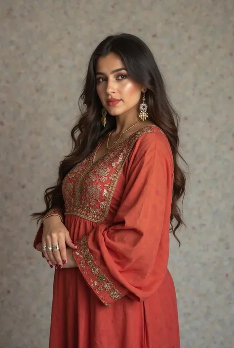 Pale pakistani busty girl with huge ample breasts and thick thighs, wearing shalwar kameez. Full picture