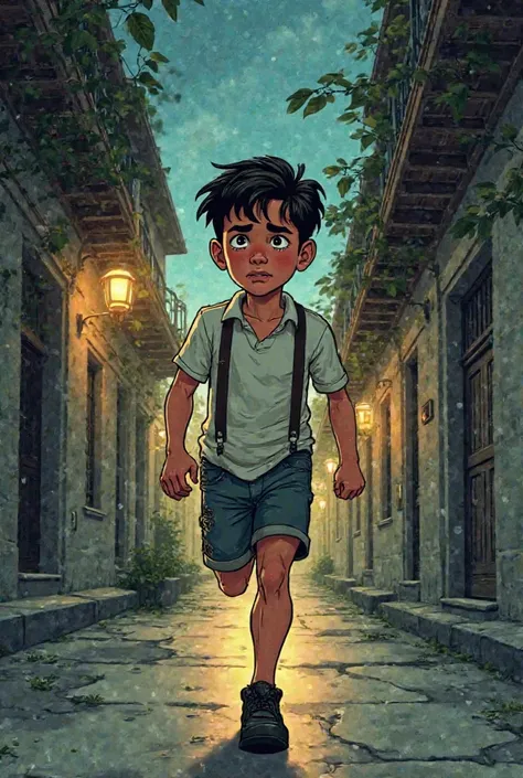 In comic book style
Street in Mexico City in the 1940s, with lights on and a light breeze moving the leaves of the trees. Jim's house door is left behind, CLOSED.

 characters:

Carlos (Hero): 8- boy, thin,  light leather balcony, well-groomed black hair w...