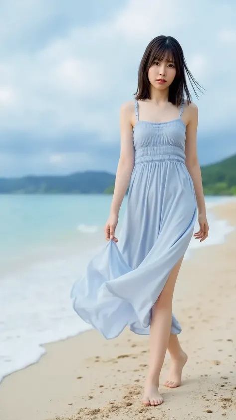 "A Chinese woman wearing a light blue dress walking barefoot along the beach. Her hair is flowing in the sea breeze, and her footprints are visible on the sandy shore."

