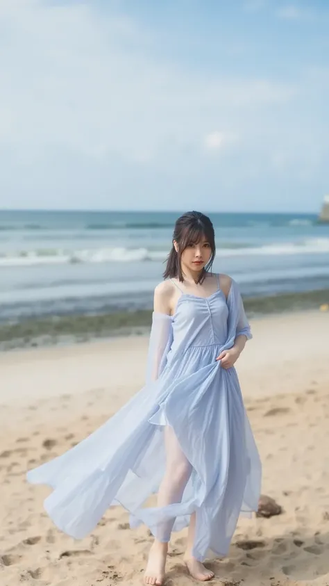 "A Chinese woman wearing a light blue dress walking barefoot along the beach. Her hair is flowing in the sea breeze, and her footprints are visible on the sandy shore."

