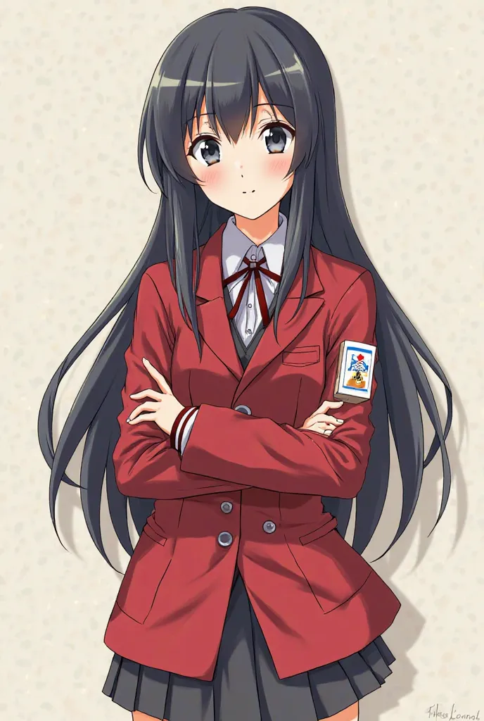 Tokyo Revenyer anime map 
A 15-year-old girl with long hair like Mikasa but waist-length and gray eyes has a uniform, a knee-length red jacket in the arms of her clothes, a sign of an A scratched inside a circle. 