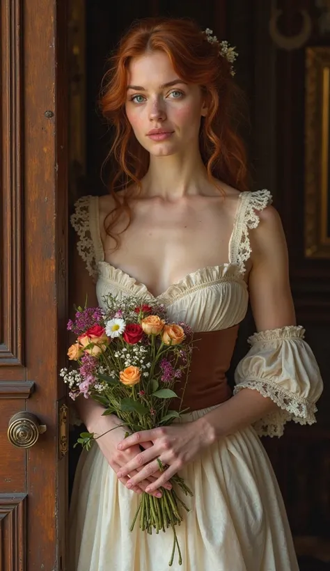 Photographie, images hyperréaliste, le corps entier d'une jeune femme trop sexy, beaux cheveux roux, yeux bleus, reste debout près de la porte marron classique , vêtue d'une robe  Aristochat anglais avec ceinture en cuir, dans sa main droite un bouquet de ...