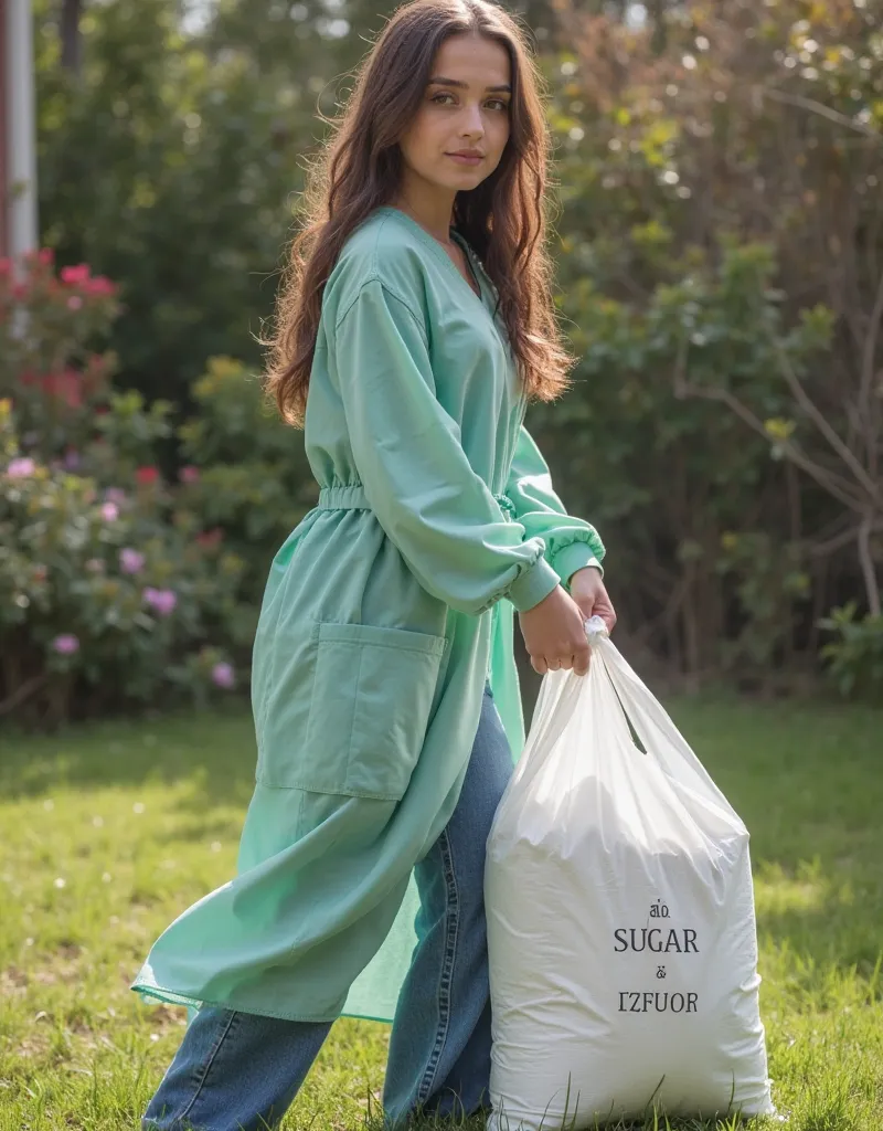 Side view. Russian teenager with a beautiful face, medium bust, perfect body, long, loose brown hair parted on the left side in the image, brown eyes, white skin, she wears a closed, light green V-neck medical gown that reaches to her waist, and blue denim...