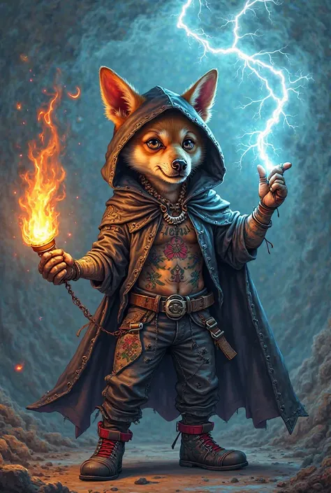 Punk black work cartoon tattoo style: a punk wizard dog with a cape and hood on his head. In his left hand he has a torch of fire. In the palm of his right hand he controls thunder under a cloud