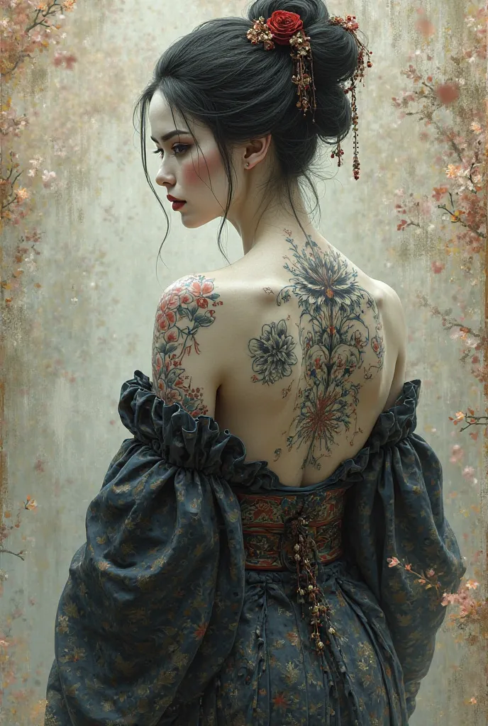 Create an image of The Holy Death as a geisha with a tattoo on the back of a holy death with a scythe

