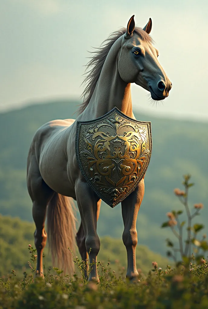 Create an image of a horse in the shape of a soccer shield

