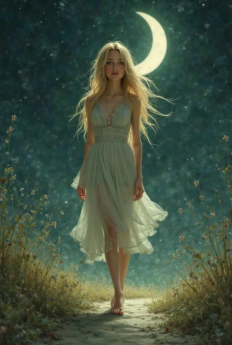 Create a hinday green-eyed blonde female image walking on a moonlit night