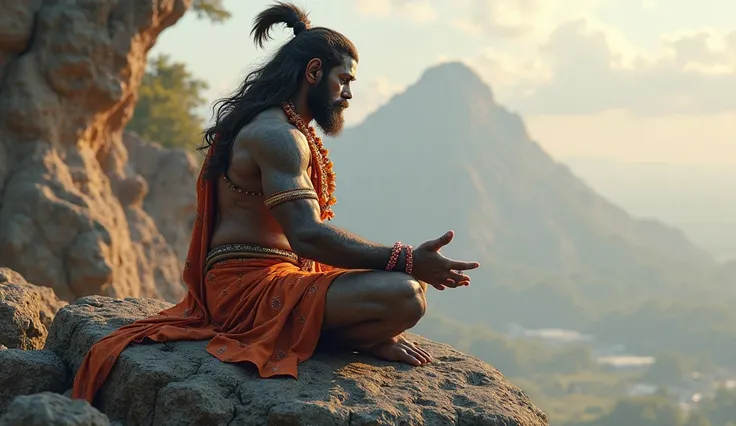 (((Hindu God))) best quality, ultra-high resolution, 4K detailed CG, masterpiece, Hanuman, strong monkey man, Indian, , Hindu mythology, sitting on rock, ((sitting on mountain) ) Hindu, aesthetic, beautiful, screen-centered image, praying Lord rama,and the...