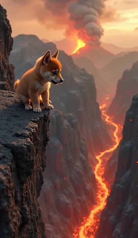 Here’s a new version with a Shiba Inu puppy desperately clinging to the edge of a volcanic rock ledge:

A hyper-realistic cinematic animation of a terrified Shiba Inu puppy dangling over the edge of a jagged volcanic cliff, its tiny front paws desperately ...