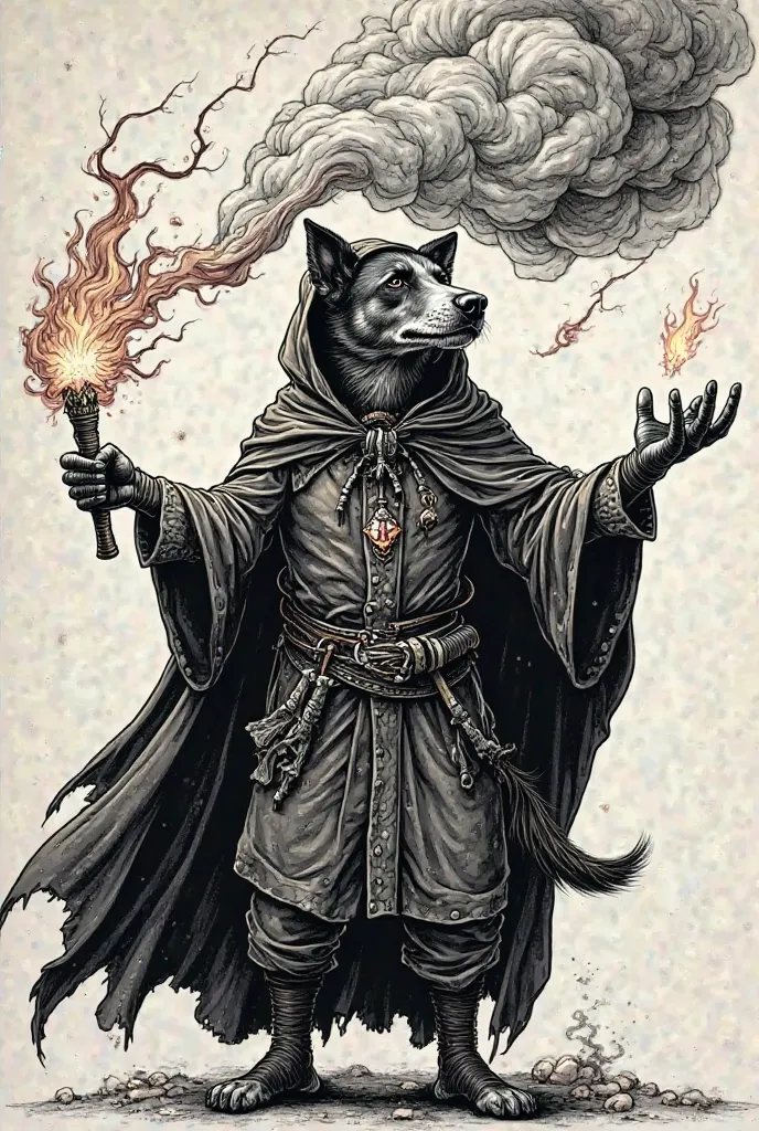 Tattoo style medieval woodcut black work engraving: a punk wizard dog with a cape and hood on his head. In his left hand he has a torch of fire. In the palm of his right hand he controls thunder under a cloud