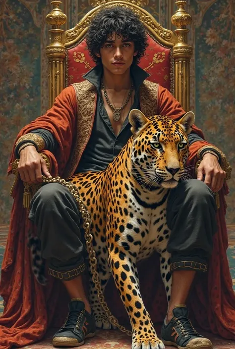 I drew a curly-haired dark-haired young man sitting on a throne next to him, a leopard, him holding him by the chain. 
