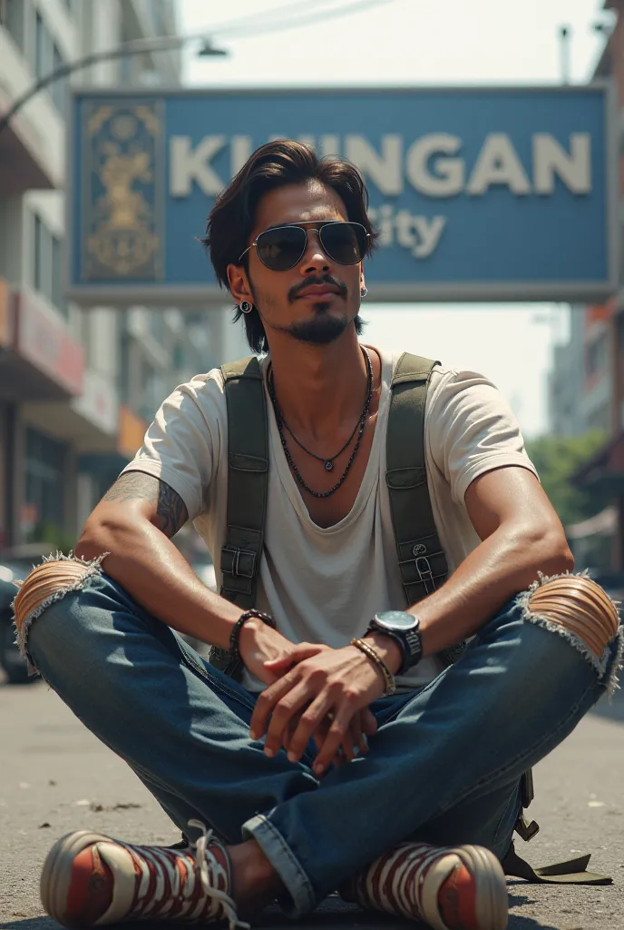 A young Indonesian man of 35 years old sunglasses hand tattooed art and a standard body earring semi-long hair T-shirt ripped jeans sits pulled over on the capital's street under a billboard that says KUNINGAN CITY LOOKS REALISTIC 