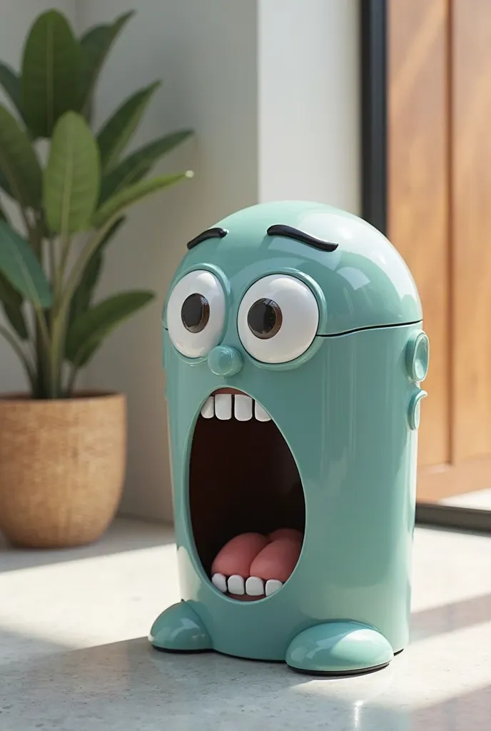 Trash can, which is in the shape of a surprised face 