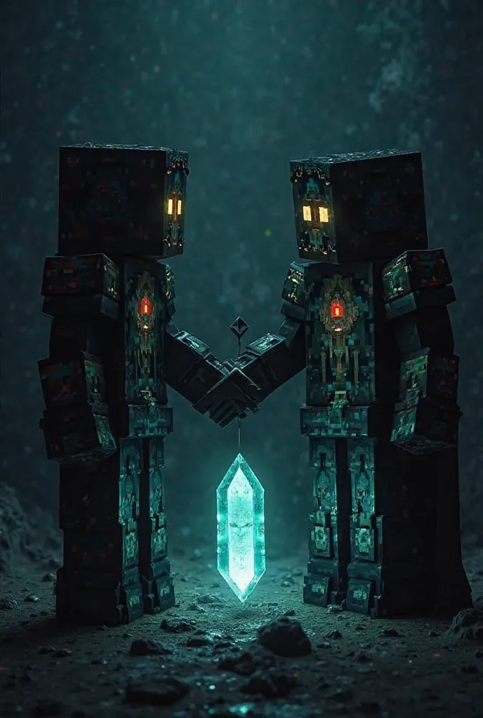 Create an image You can please make art where 2 Minecraft players stand standing in the dark in Nezerite armor and between them there is an obsidian with an end crystal so that it illuminates half of the player model, the right one holds and the other with...