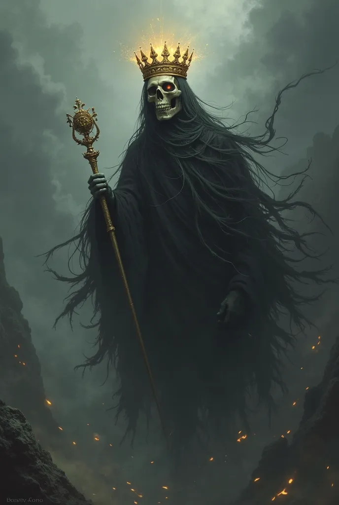 White skull with golden crown, flying over a dark landscape. The skull wears black rags has no body,  he carries a scepter in his hands. He is flying.