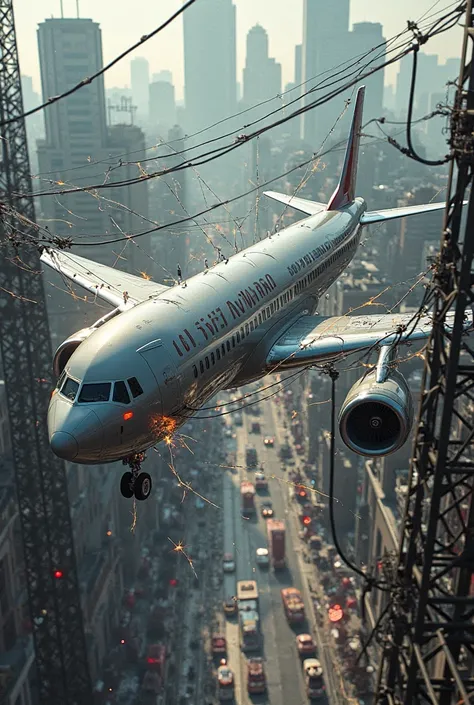 A plane stuck in electrical wires
