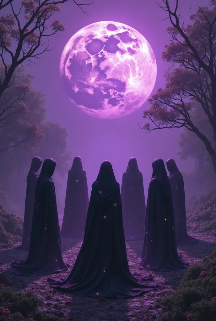 7 women in black and on a purple moonlit night