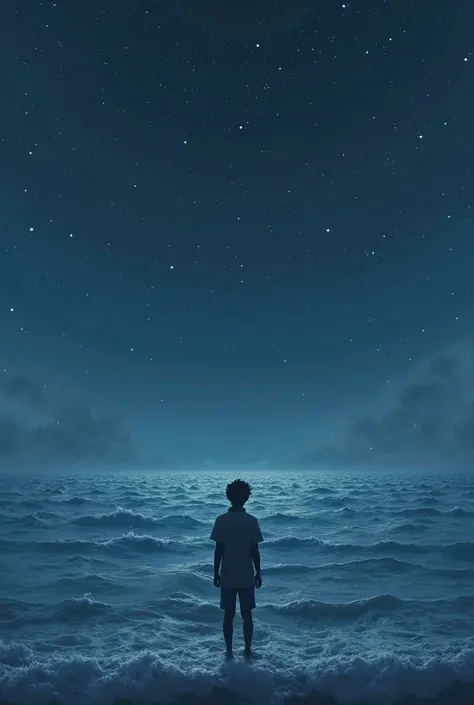 A figure contemplating the infinite ocean under a starry sky,  with soft waves 