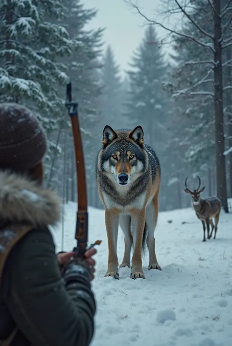 “A first-person view focused on the enormous wolf, now standing before the deer. The surrounding snow reflects the cold light of the forest, and the wolf's eyes look intelligent, analyzing the situation. The observer's hands tremble slightly, holding a ten...