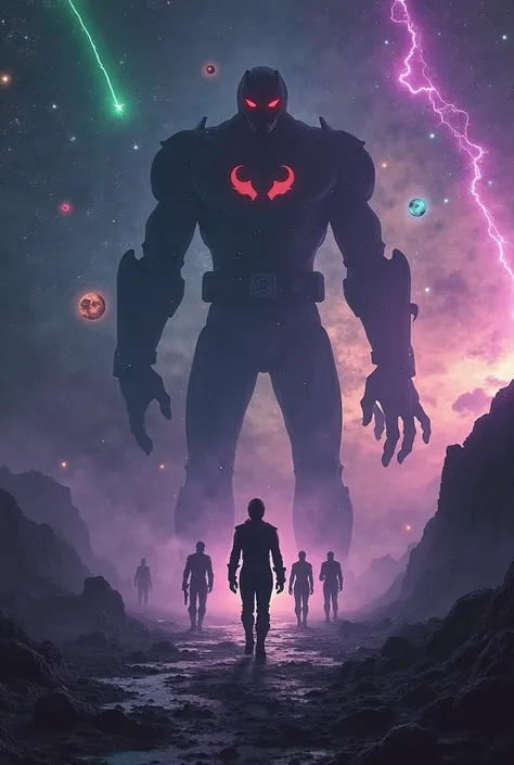 Make an image that is located in outer space,  You should clearly see a type of Power Ranger.

 Behind it , the gigantic silhouette of an imposing being envelops the sky with its shadow, with crimson eyes shining in the dark. His presence is suffocating, l...