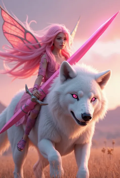 A pink hair edle fairy with a sharp pink sword, riding a white wolf with pink eyes and a sharp nose in a battle field in a valley of its own, with a backdrop of a pink sky with a sharp, defined border. HD, 8K, ultra-realistic, hyper-detailed, hyper-quality...